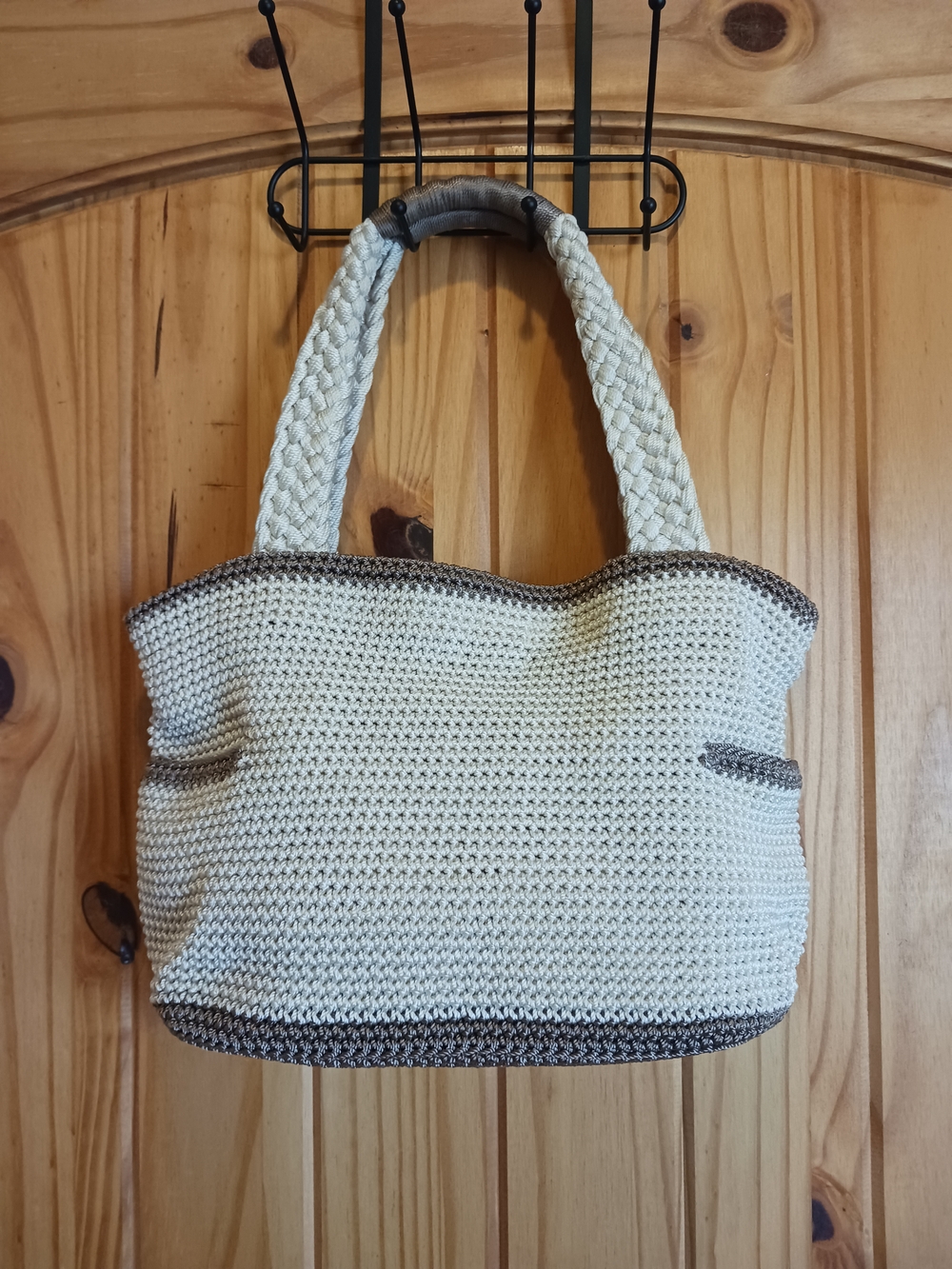 The SAK Crochet Shoulder Bag in Cream with Brown Trim